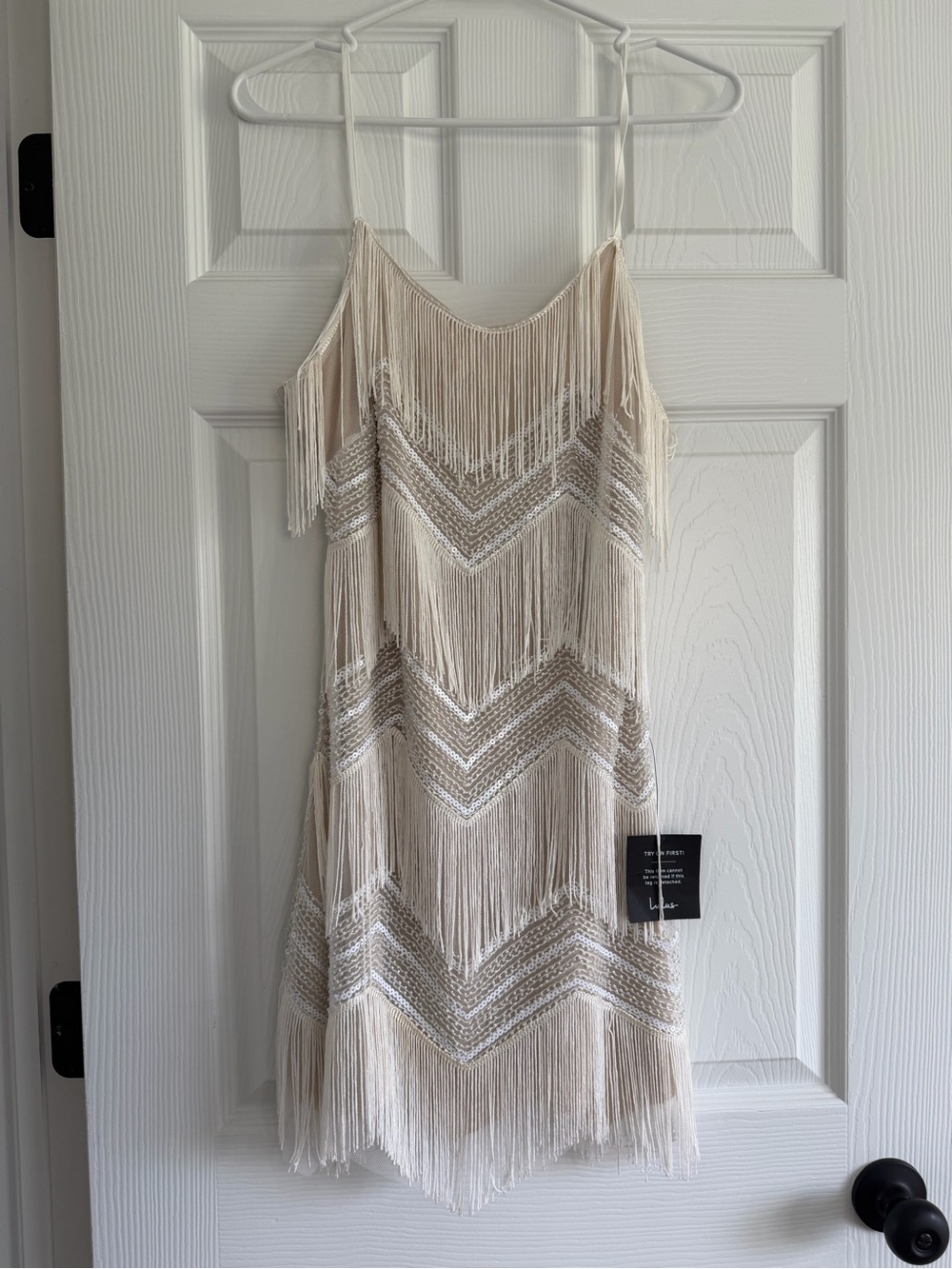 Lulu's Ivory Fringe Chevron Slip Mini Dress